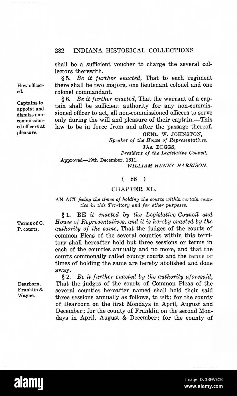 Pagina 296 delle 1809-1816 leggi del territorio dell'Indiana, che evidenziano le azioni legali chiave e le decisioni di governance territoriale. Foto Stock