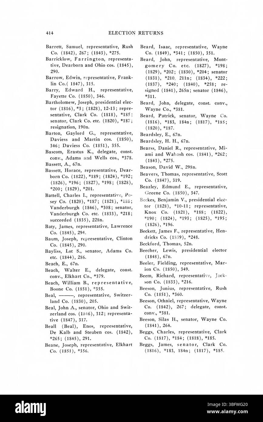 Pagina 440 dei ritorni elettorali dell'Indiana del 1816-1851 fornisce ulteriori dati elettorali, concentrandosi sulle tendenze di voto, i cambiamenti di potere politico e le elezioni chiave nella storia dell'Indiana. Foto Stock