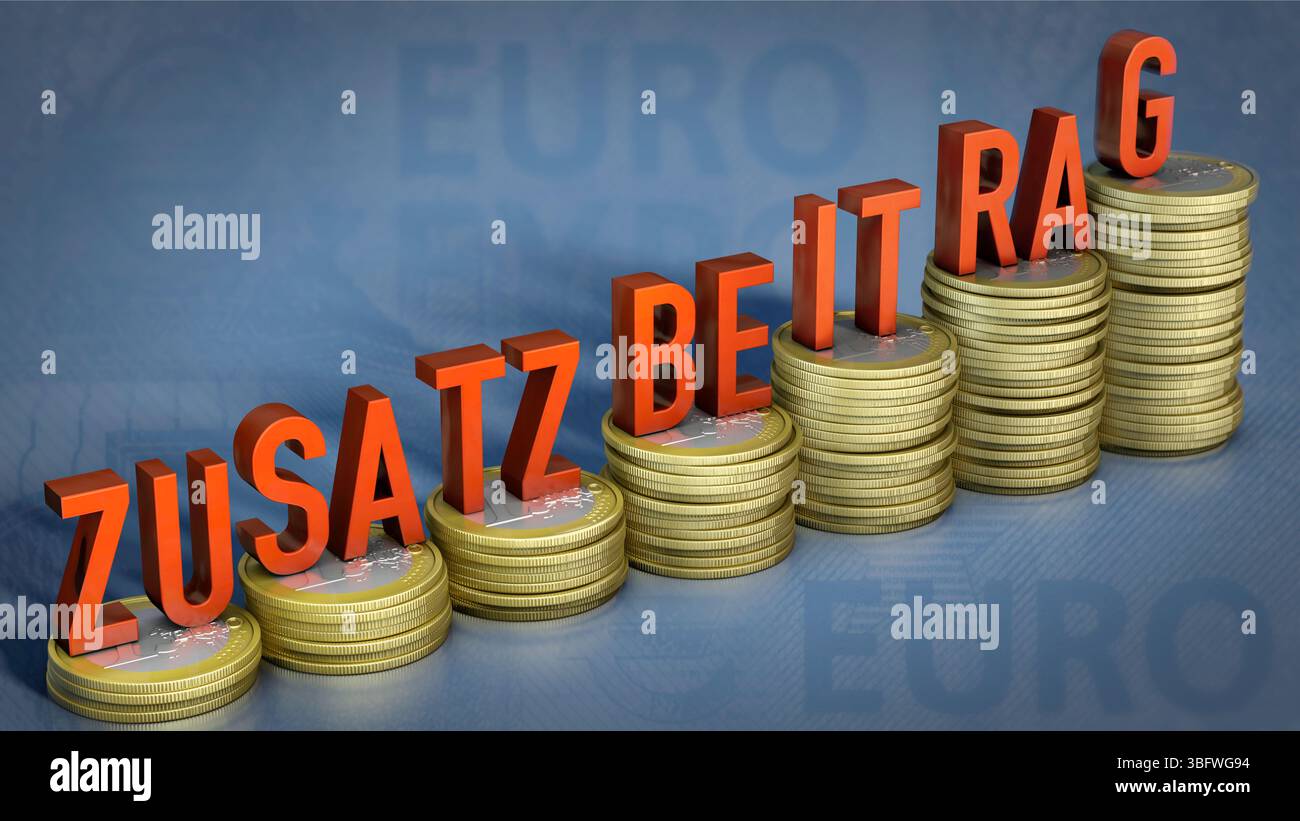 Monete in euro con la parola tedesca Zusatzbeitrag (contributo aggiuntivo) Foto Stock