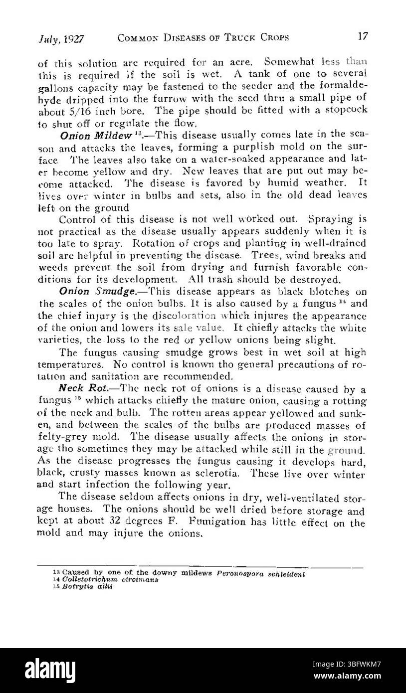 Pagina 17 di "Common Diseases of Colorado Truck Crops" (1927) descrive varie infezioni fungine, tra cui l'muffa polverosa, che ha colpito le colture in Colorado durante l'estate. Il documento fornisce metodi per la prevenzione e la gestione delle malattie per migliorare la salute delle colture. Foto Stock