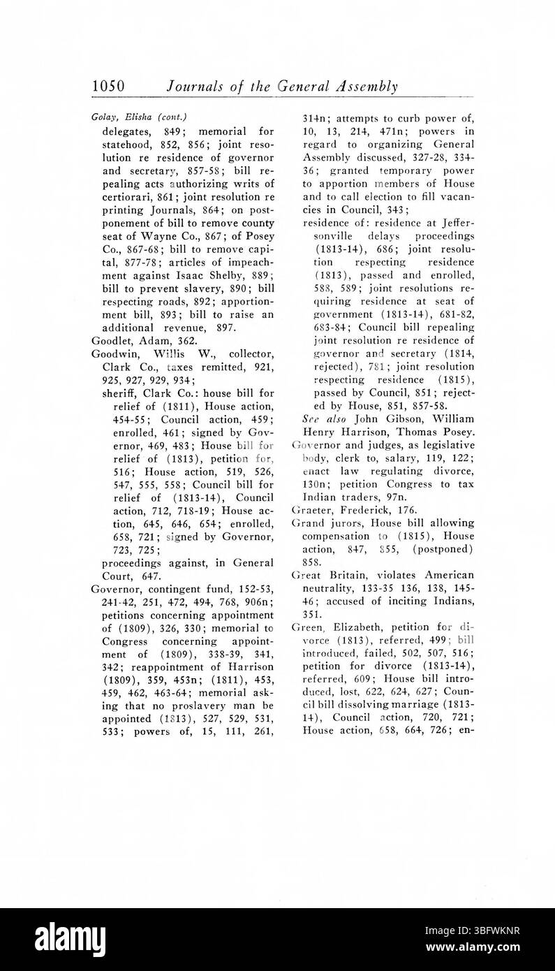 Pagina 1060 dei *1805-1815 periodici dell'Assemblea generale del territorio dell'Indiana* mette in evidenza importanti atti legislativi, leggi approvate e altre decisioni governative prese dall'assemblea territoriale durante gli anni formativi dell'Indiana. Foto Stock