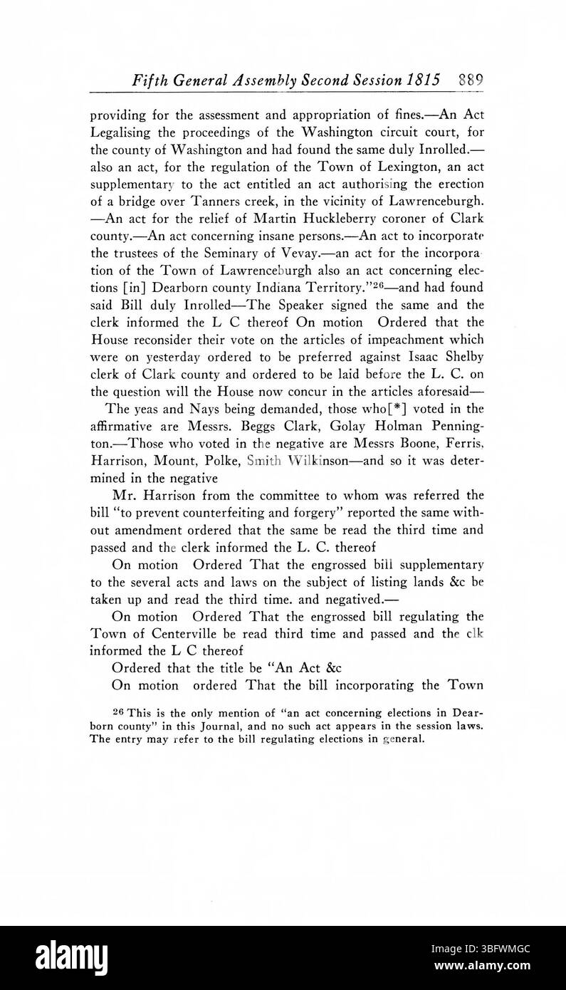 Pagina 899 delle 1805-1815 riviste dell'Assemblea generale del territorio dell'Indiana documenta le principali azioni legislative e lo sviluppo di strutture di governance all'interno del territorio. Foto Stock