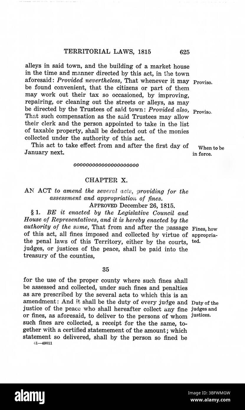 Pagina 639 della ristampa del 1934 delle *leggi del territorio dell'Indiana 1809-1816*, che dettagliano le leggi che governano l'educazione pubblica, la distribuzione del territorio e i servizi sociali durante i primi anni del territorio dell'Indiana. Foto Stock