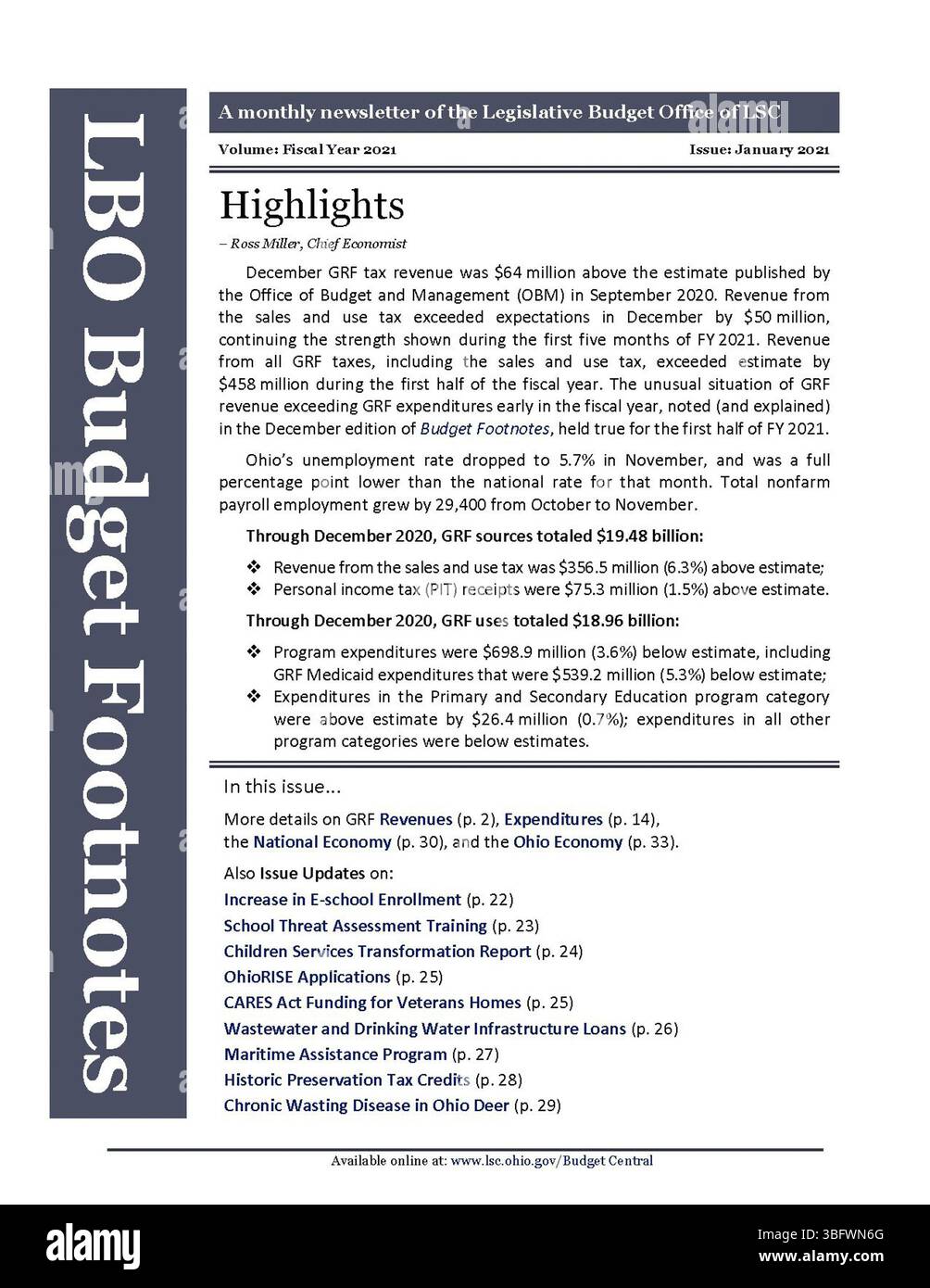 Budget Footnotes è una newsletter mensile che fornisce aggiornamenti sul budget statale, sugli sviluppi legislativi e sulla politica fiscale dell’Ohio. Include anche informazioni sulla spesa statale, proiezioni economiche e decisioni finanziarie chiave per il governo dell'Ohio. Foto Stock