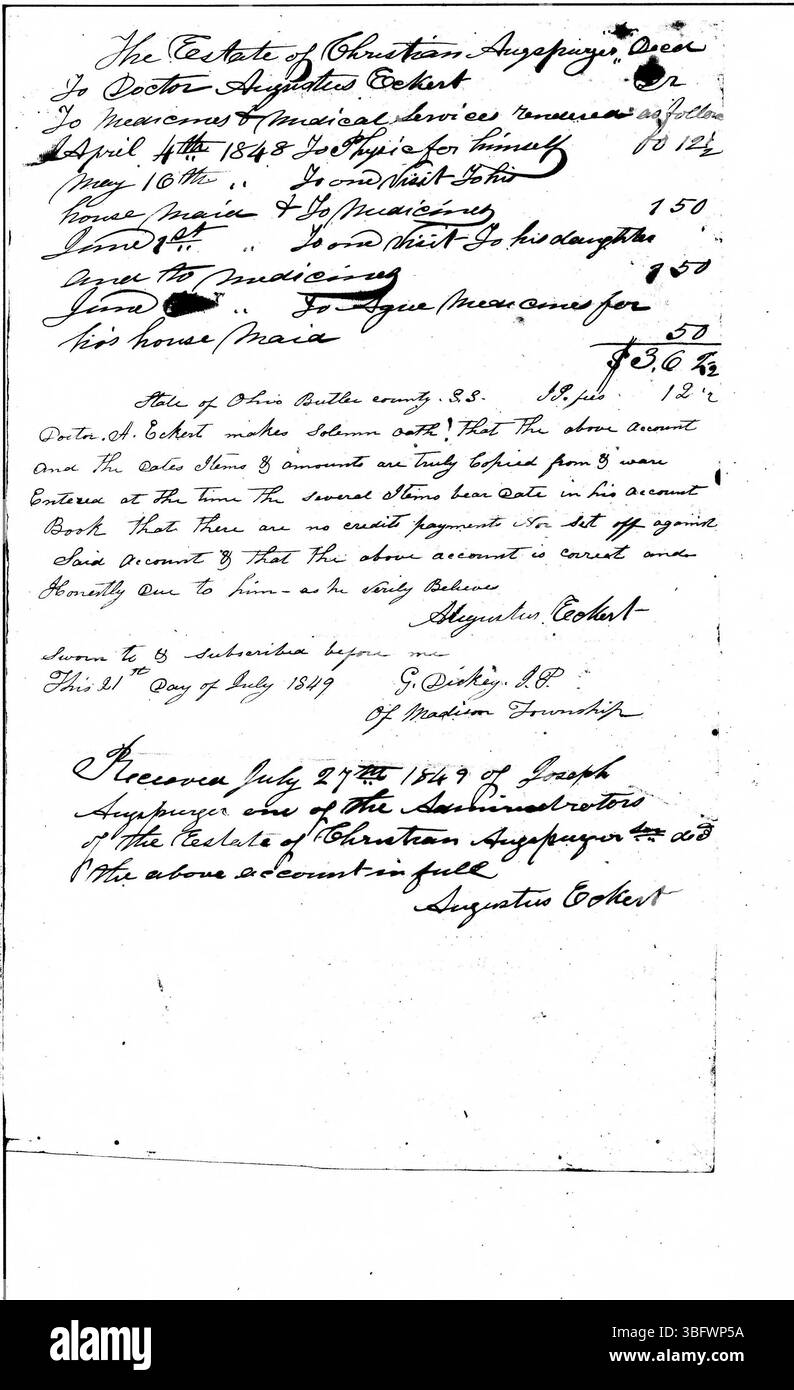 Questa ricevuta, datata 27 luglio 1849, documenta il pagamento effettuato da Joseph Augspurger, uno degli amministratori della tenuta di Christian Augspurger, al dottor Augustus Eckert. Foto Stock