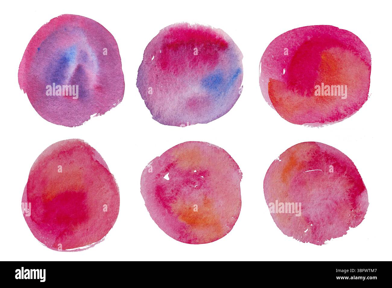 Cerchi di vernice ad acquerello rosso. Set di macchie di inchiostro per vernice a mano. Disegno dei punti traccia astratta Art. Spazzolare i cerchi dell'acquerello su carta ruvida. Foto Stock
