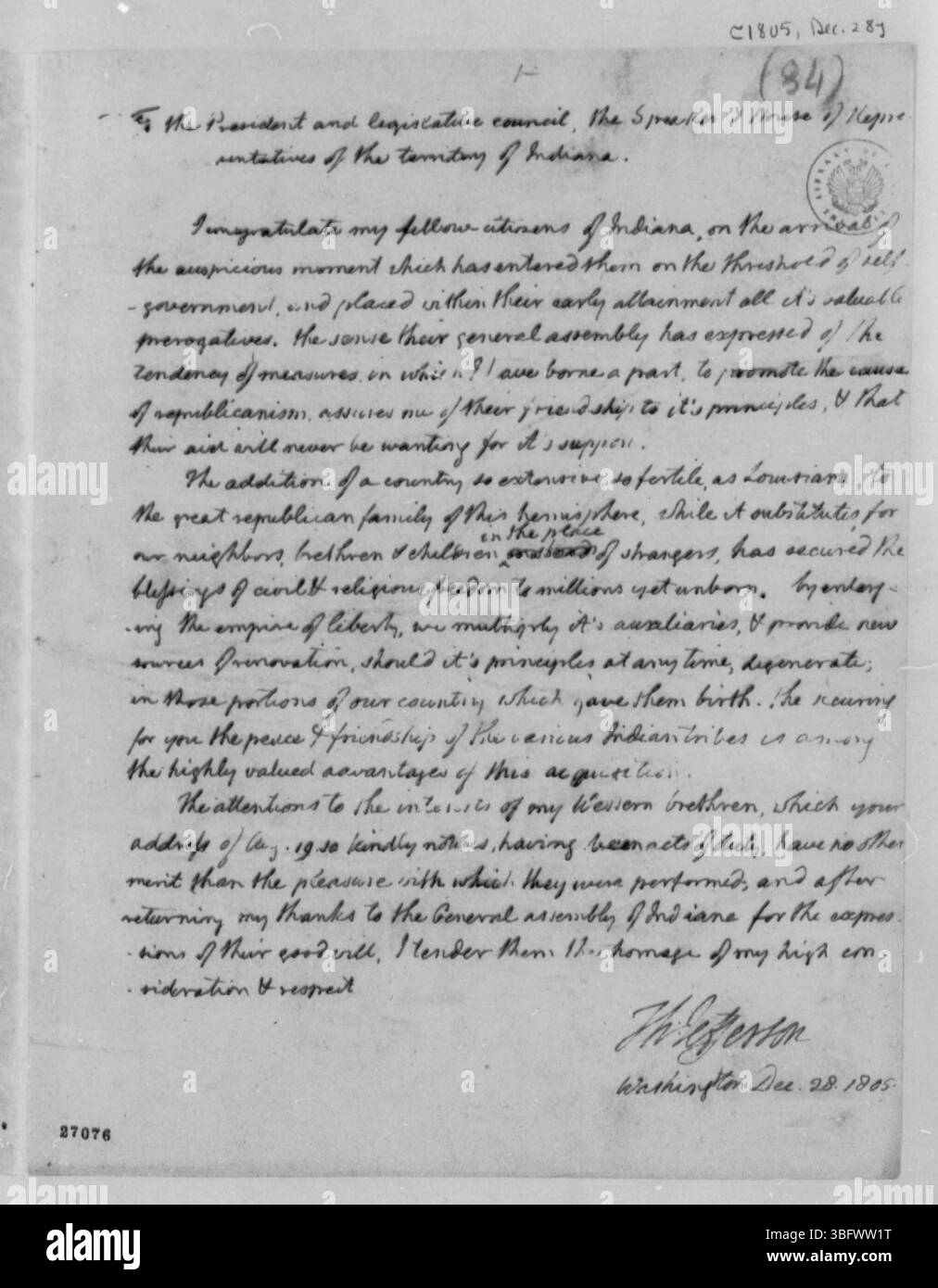 Questo documento del 1805 è una comunicazione del presidente alla legislatura territoriale dell'Indiana, che affronta la governance territoriale e altre questioni statali. Foto Stock
