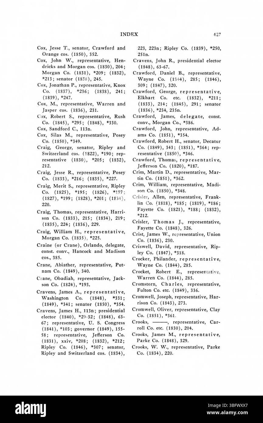La pagina 453 del *1816-1851 Indiana Election Returns* si concentra sui risultati elettorali e sui cambiamenti politici in Indiana, comprese le tendenze nel comportamento degli elettori e i cambiamenti nel sostegno del partito politico durante questo periodo. Foto Stock