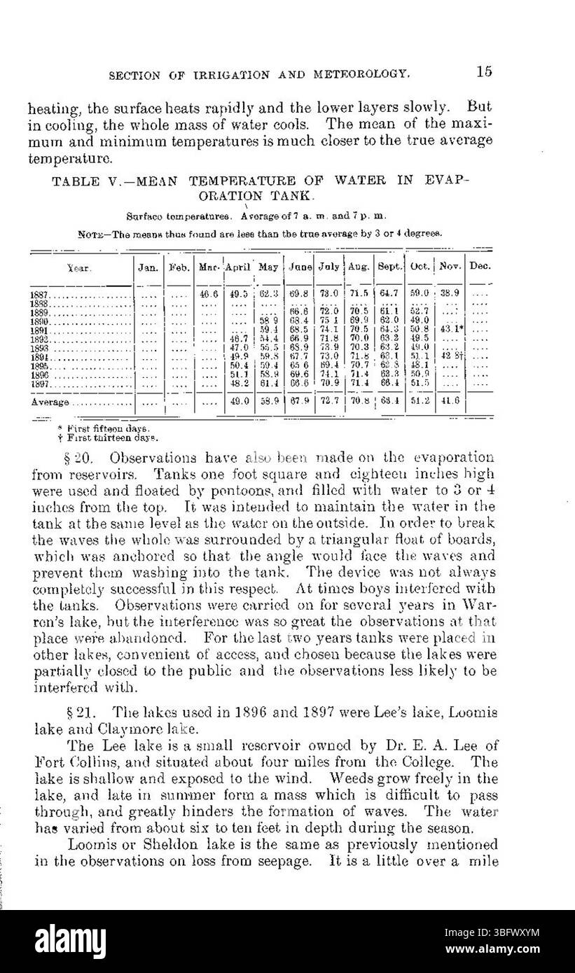 Questa pagina del documento del maggio 1898 evidenzia il problema in corso della perdita di acqua dai serbatoi causata da infiltrazioni ed evaporazione. Esamina l'impatto sulle strategie di conservazione e gestione delle risorse idriche. Foto Stock