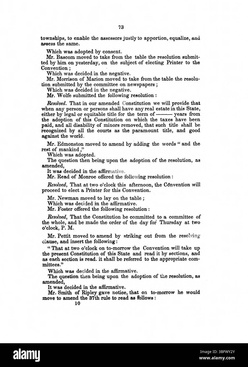 Pagina 74 del *1850 Journal of the Convention of the People of the State of Indiana* (1936) delinea le discussioni sui diritti di proprietà, la proprietà fondiaria e la regolamentazione degli immobili nelle proposte di emendamento costituzionali. Foto Stock