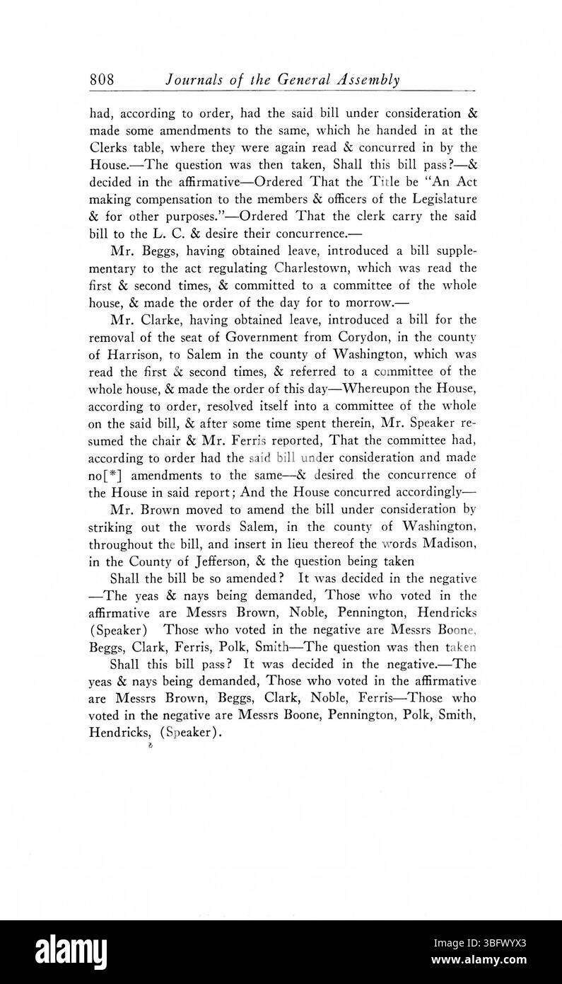 Questa voce presenta le riviste dell'Assemblea generale del territorio dell'Indiana per gli anni dal 1805 al 1815. Questi documenti forniscono una panoramica delle sessioni legislative, comprese le leggi approvate e i dibattiti svolti durante questo periodo. Foto Stock