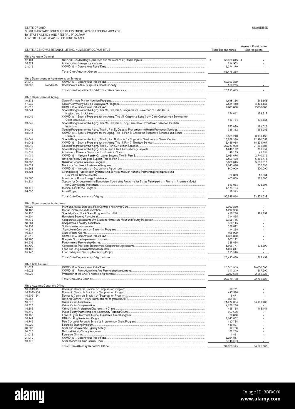 Il programma supplementare dello stato dell'Ohio per l'anno fiscale 2021 delinea le spese federali attraverso varie agenzie e programmi statali. Copre i fondi federali ricevuti, stanziati e spesi per programmi del settore pubblico, offrendo trasparenza e disaggregazioni dettagliate per la responsabilità finanziaria. Foto Stock