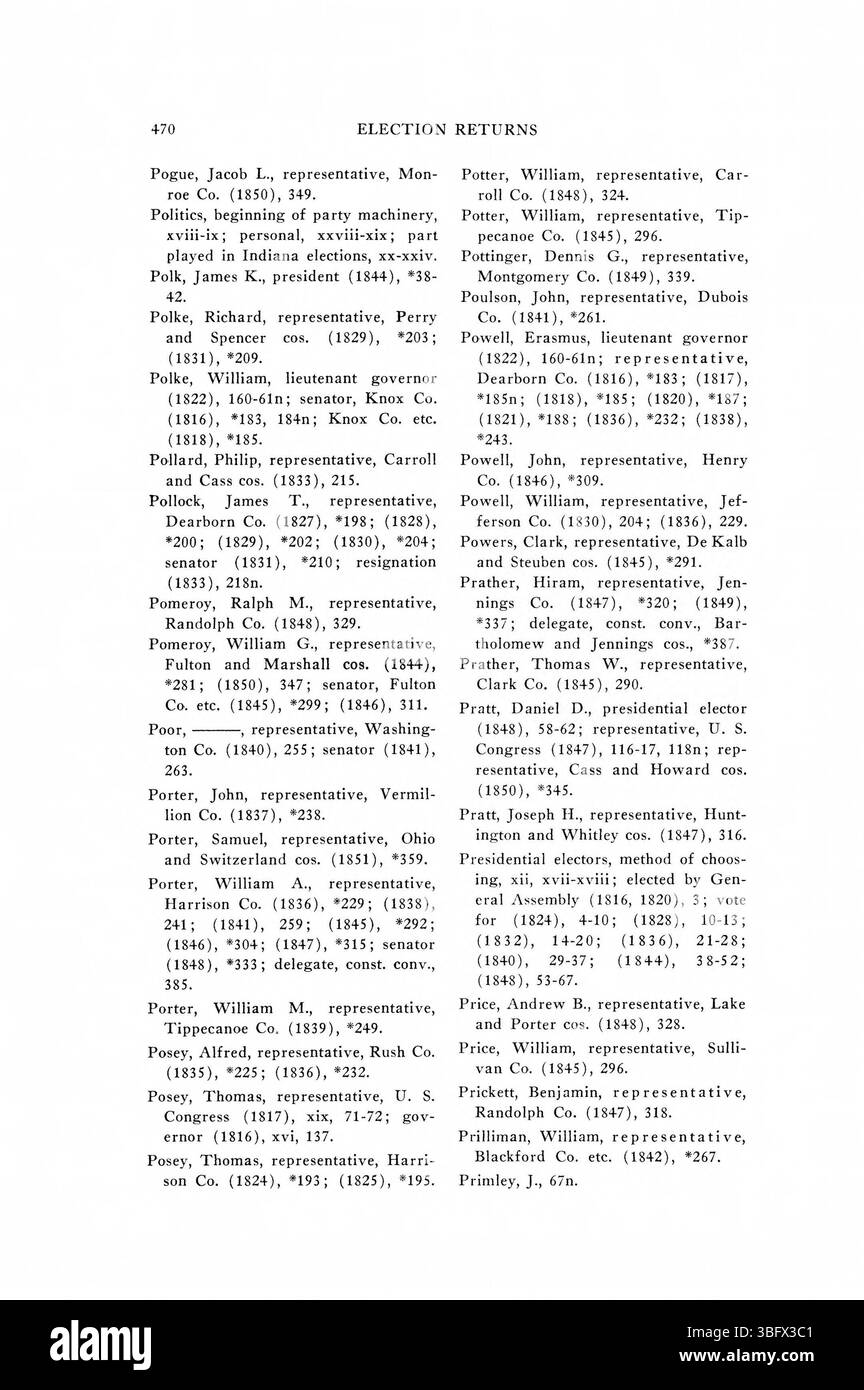 Pagina 496 dei *1816-1851 ritorni elettorali dell'Indiana* fornisce ulteriori risultati elettorali, continuando a documentare l'evoluzione politica dell'Indiana attraverso dati elettorali e cambiamenti nelle affiliazioni politiche. Foto Stock