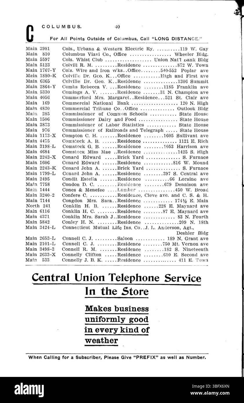 Il 1906 Columbus Central Union Telephone Company Directory contiene un elenco alfabetico di abbonati, che fornisce informazioni agli utenti di servizi telefonici residenziali e commerciali di Columbus. Foto Stock