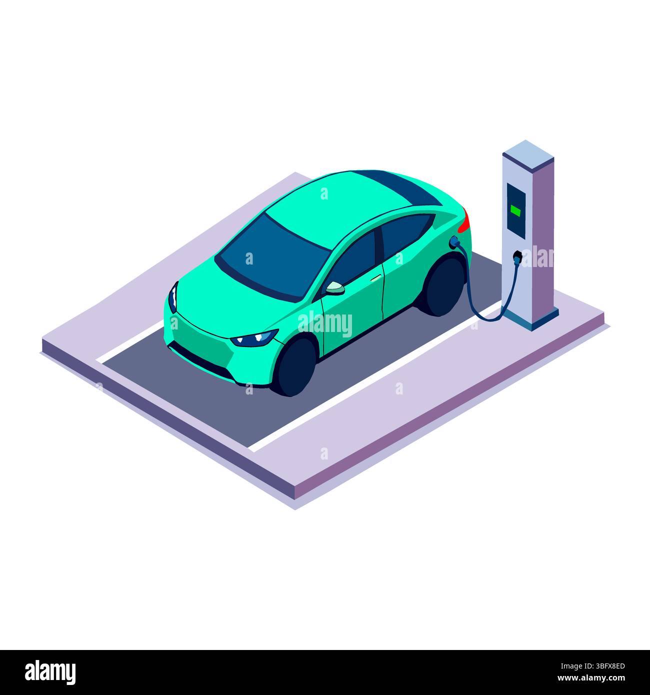 Illustrazione vettoriale isometrica di un'auto elettrica che si ricarica in una stazione. Un concetto moderno di mobilità sostenibile e tecnologia ecocompatibile. Illustrazione Vettoriale