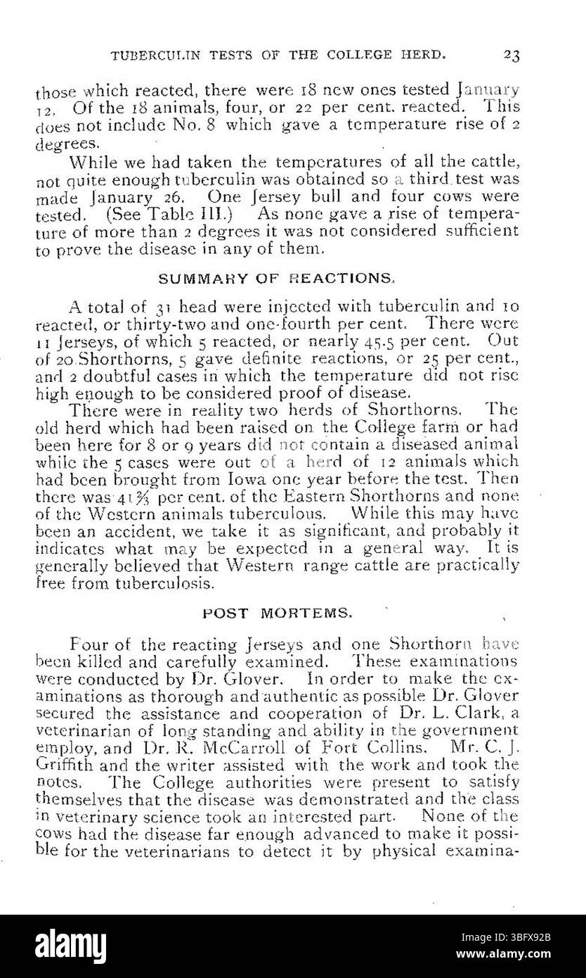 Questo documento del 1901 descrive in dettaglio i test della tubercolina condotti su una mandria universitaria per studiare il rapporto tra tubercolosi bovina e umana. La ricerca mirava a studiare la potenziale trasmissione della tubercolosi dal bestiame all'uomo attraverso il latte infetto o il contatto. Foto Stock