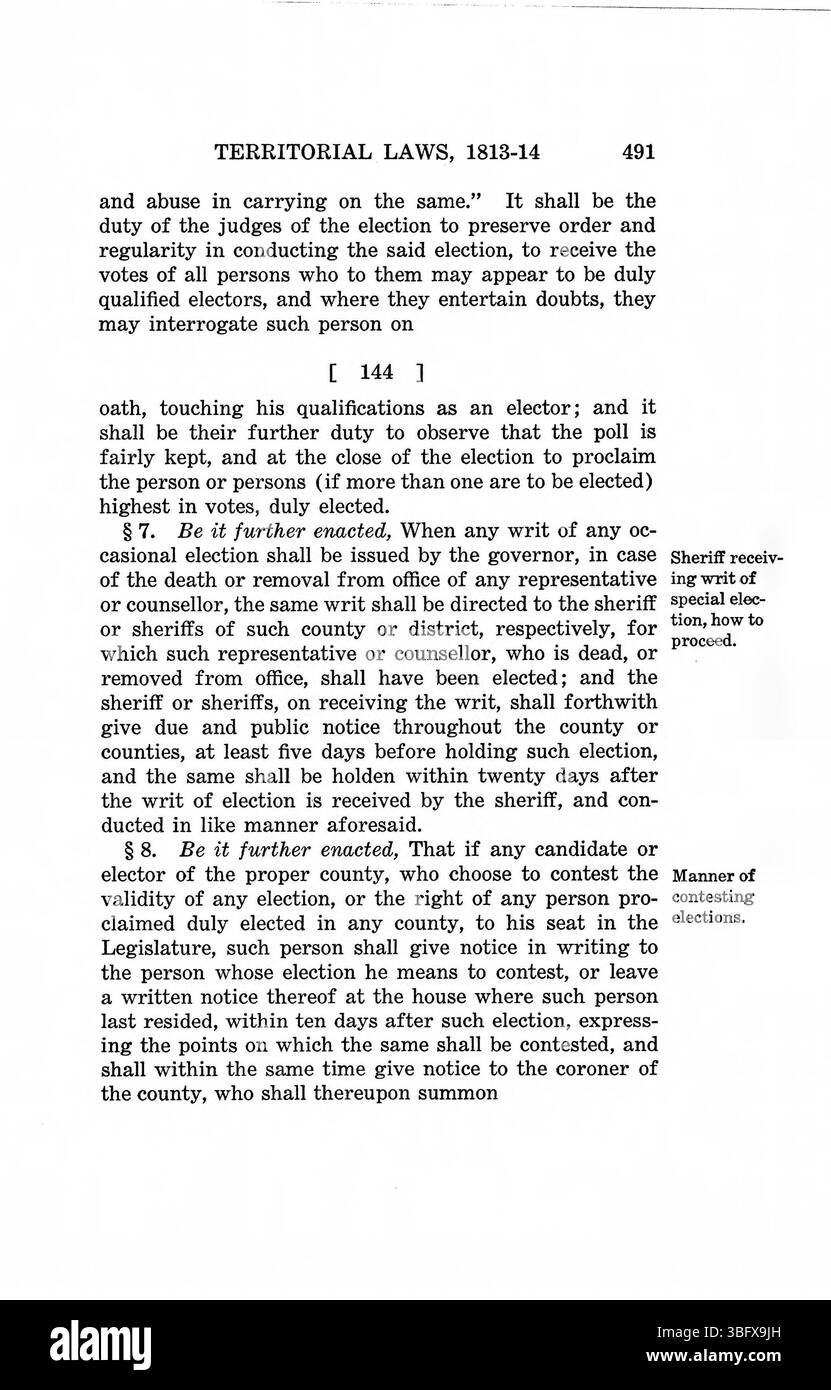 Pagina 505 delle *leggi del territorio dell'Indiana* (1809-1816), che descrivono in dettaglio le leggi territoriali che hanno influenzato la governance e la politica durante il primo sviluppo del territorio dell'Indiana. Foto Stock