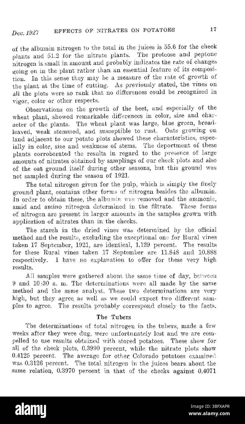 La pagina finale dello studio del 1927 si concentra sull'effetto complessivo dei nitrati sulla salute delle piante di patata, discutendo di come l'esposizione a lungo termine ai nitrati influenza la resistenza alle malattie e la resilienza delle piante. Foto Stock