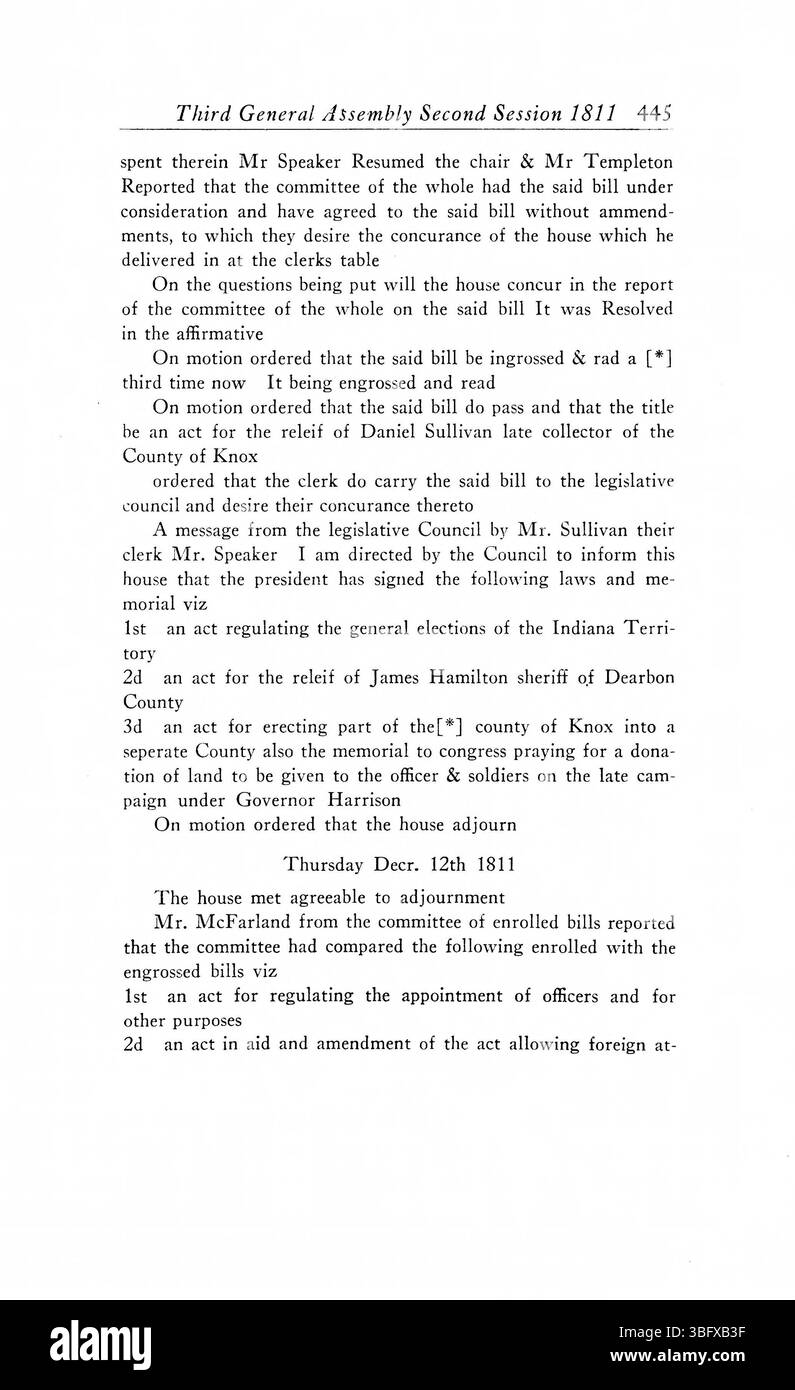 Pagina 455 delle 1805-1815 riviste dell'Assemblea generale del territorio dell'Indiana documenta importanti discussioni e decisioni in materia di governance territoriale e riforme giuridiche. Foto Stock
