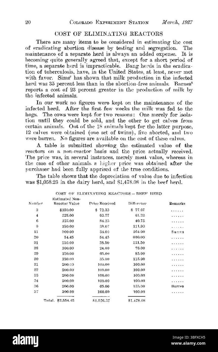 Documento del 1927 riguardante la prevenzione delle malattie da aborto del bestiame attraverso programmi di analisi del sangue e misure di segregazione, con fonti di sostegno. Foto Stock