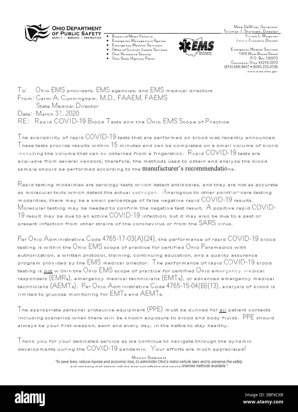 Il presente documento descrive l'uso di esami del sangue rapidi per la COVID-19 nell'ambito di applicazione dell'Ohio Emergency Medical Services (EMS). Fornisce orientamenti ai fornitori di servizi di pronto soccorso, alle agenzie e ai direttori medici per quanto riguarda i protocolli di test e l'implementazione durante la pandemia nel marzo 2020. Foto Stock