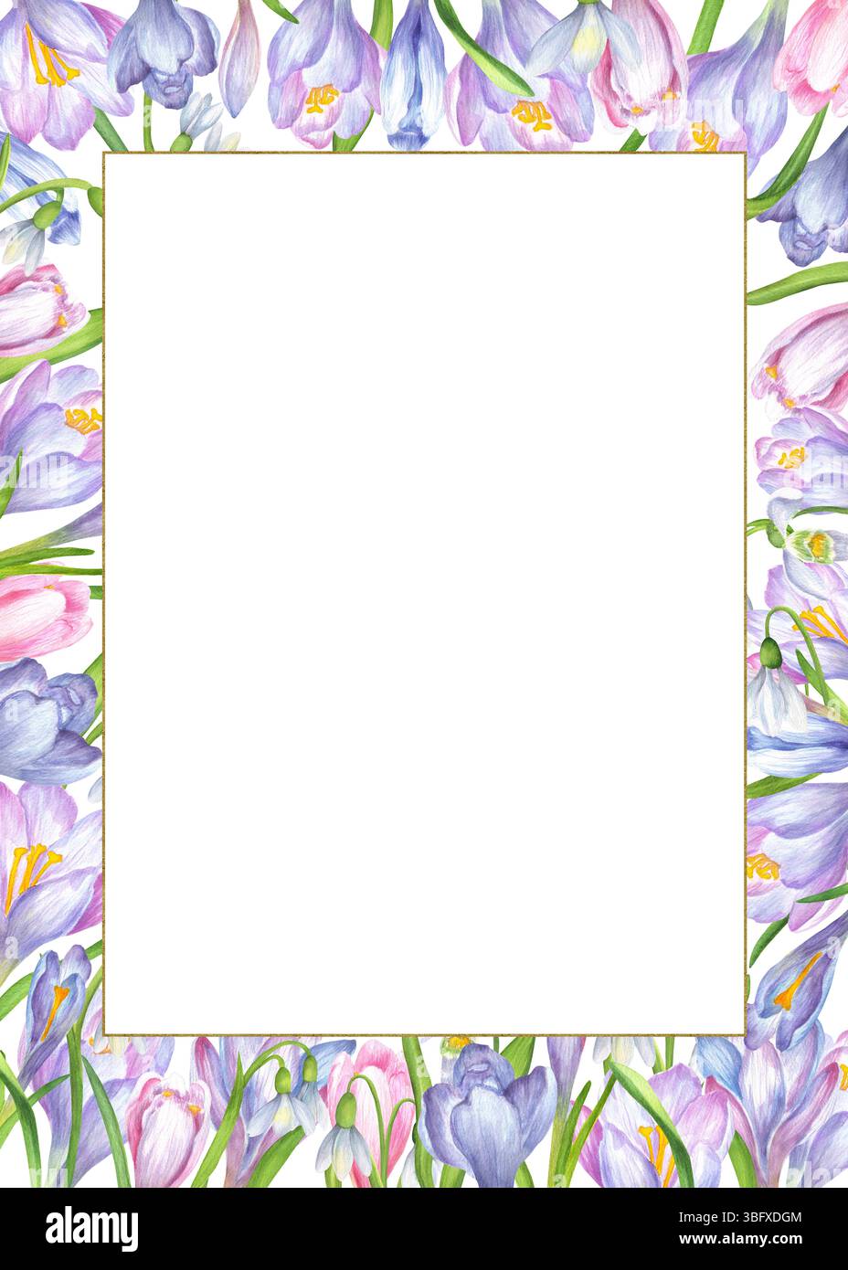 Cornice rettangolare con croci acquerelli e fiori di gocce di neve e minuscola cornice dorata. Clipart decorativo primaverile. Illustrazione ad acquerello disegnata a mano Foto Stock