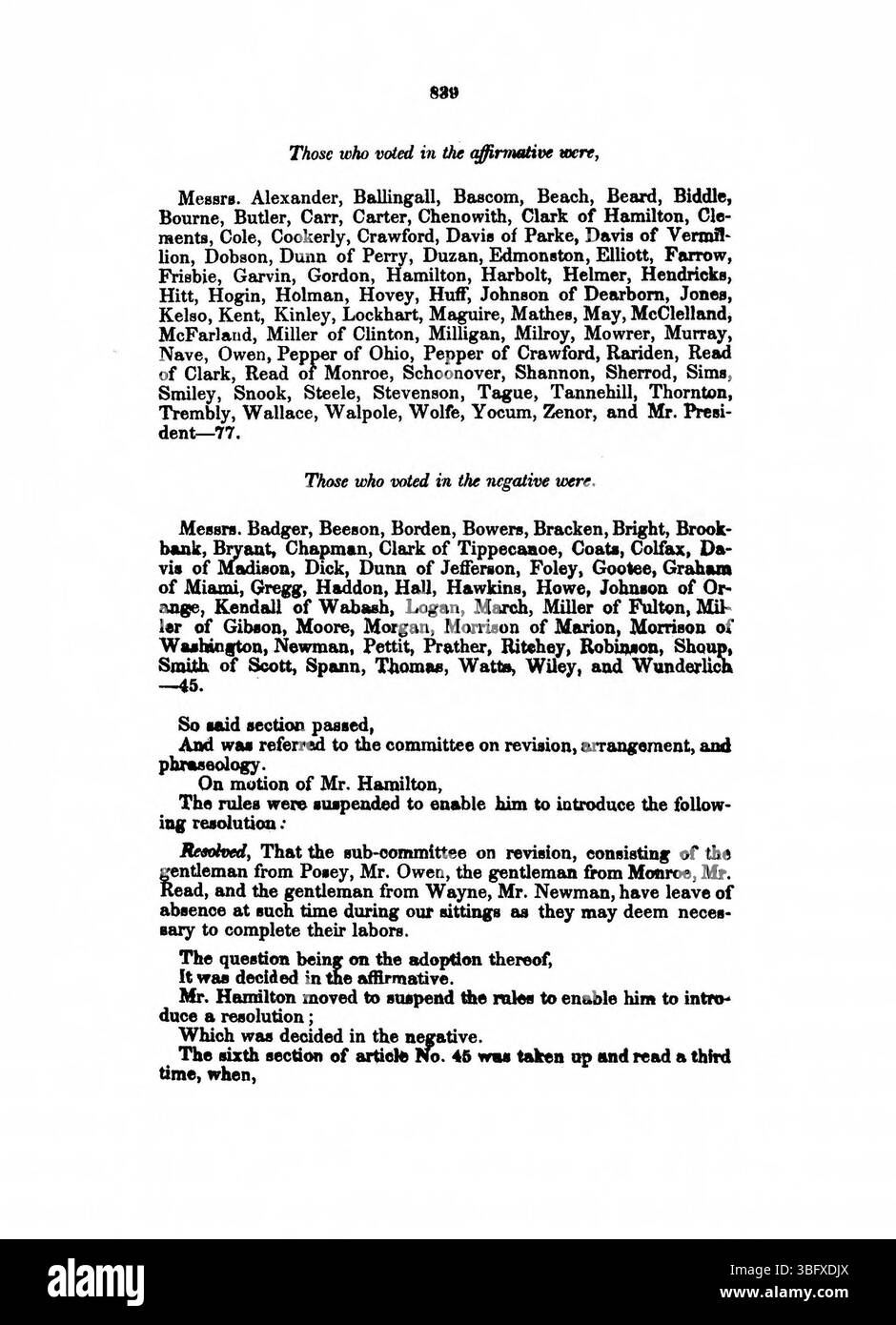 Pagina 840 del 1850 Journal of the Convention of the People of Indiana registra ulteriori deliberazioni sulle modifiche proposte alla costituzione dell'Indiana, con particolare attenzione al quadro politico in evoluzione e ai modelli di governance. Questa voce fornisce informazioni chiave sulle strategie politiche e sulle azioni legislative. Foto Stock