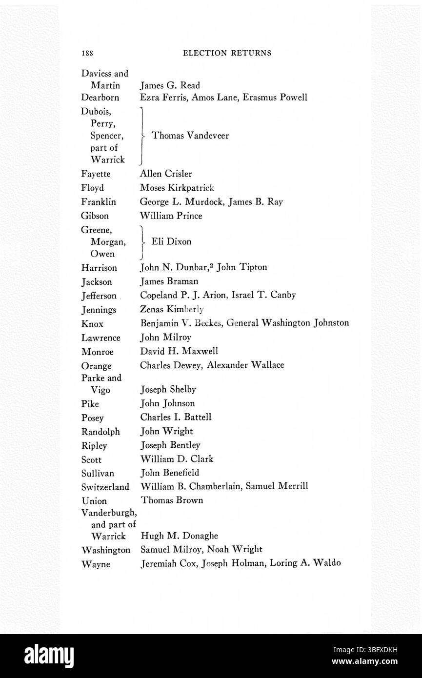 Questa pagina fornisce dettagli sui ritorni elettorali in Indiana dal 1816 al 1851, coprendo i principali risultati elettorali e il mutevole panorama politico dello stato. Foto Stock