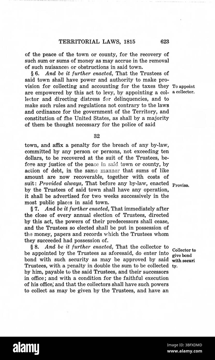 Pagina 637 della ristampa del 1934 delle *leggi del territorio dell'Indiana 1809-1816*, che delinea le azioni legislative relative alla protezione delle libertà civili e alla regolamentazione della proprietà privata nel territorio dell'Indiana. Foto Stock