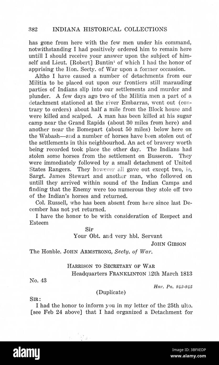 Questa edizione in due volumi del 1922 di *Messages and Letters of William Henry Harrison* include corrispondenza e messaggi di Harrison durante il suo periodo come governatore dell'Indiana, coprendo 1800-1816. Il volume 1 (1800-1811) e il volume 2 (1812-1816) presentano anche lettere dei governatori John Gibson e Thomas Posey. Foto Stock