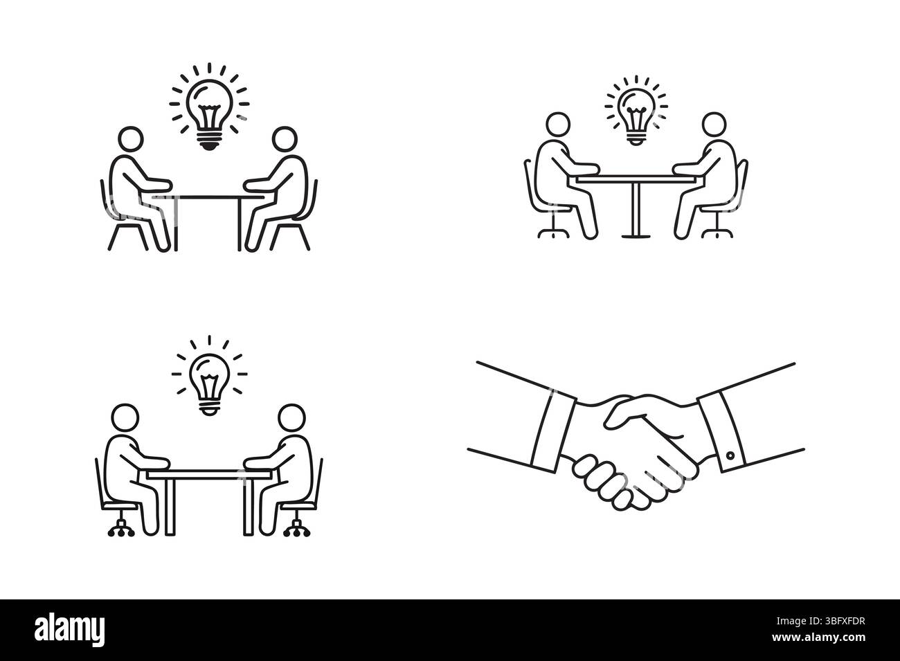Insieme di icone per riunioni aziendali e handshake per idea, trattativa e lavoro di squadra Illustrazione Vettoriale