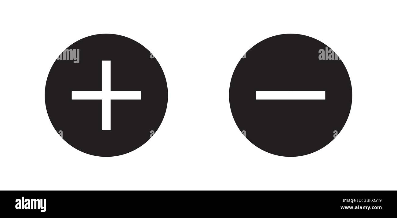 Set di icone con segno più e meno per interfaccia utente, matematica, zoom e app Illustrazione Vettoriale