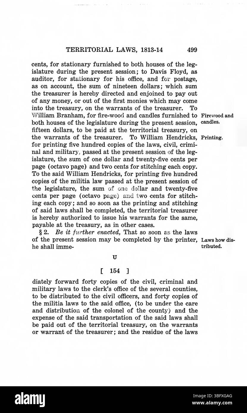 Pagina 513 delle *leggi del territorio dell'Indiana* (1809-1816) che documentano le leggi territoriali significative e le decisioni politiche prese dai primi leader dell'Indiana. Foto Stock