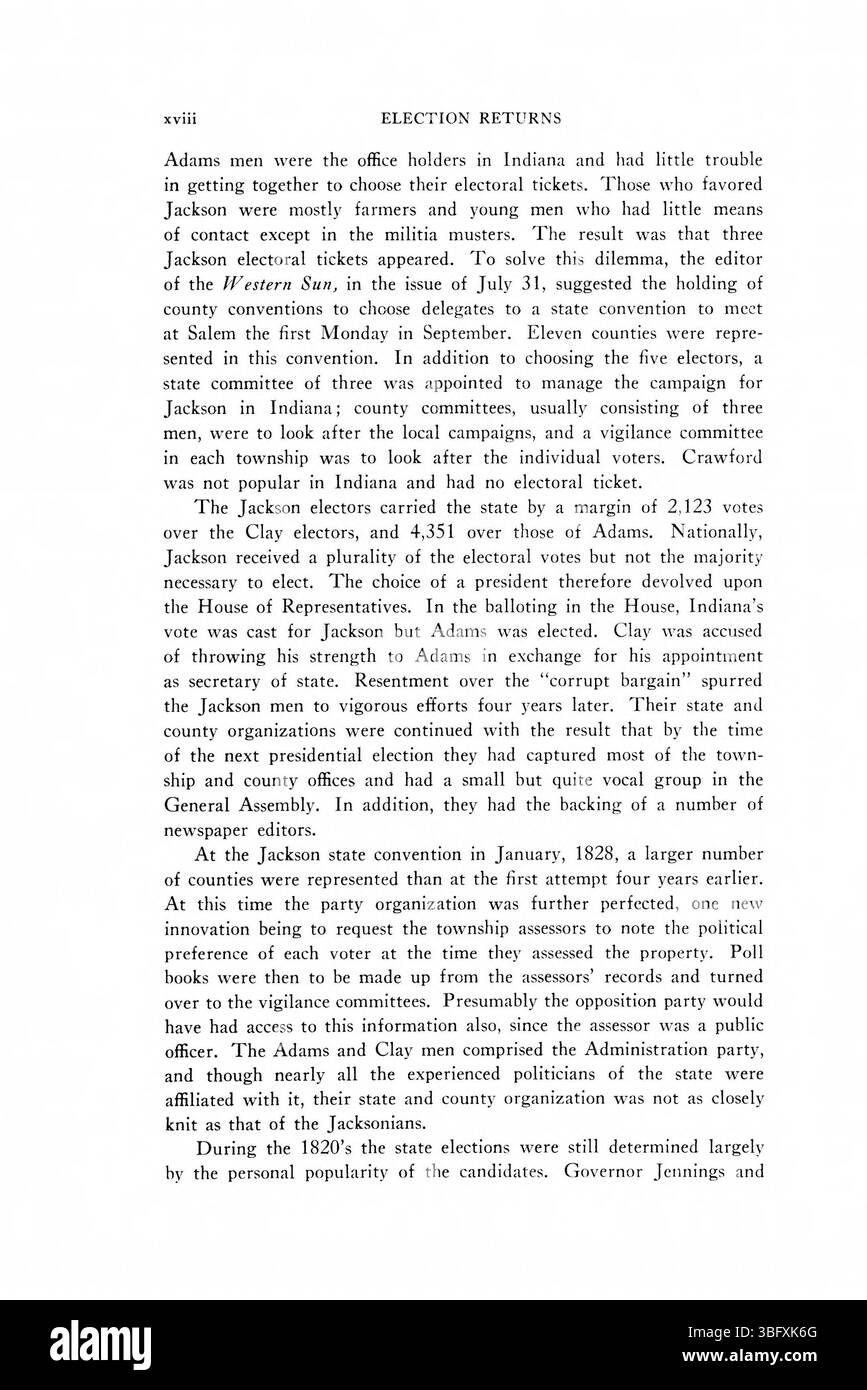 Pagina 18 dei ritorni elettorali dell'Indiana del 1816-1851, riassumendo i dati elettorali, l'affluenza alle urne e le tendenze politiche in tutto l'Indiana dal 1816 al 1851, illustrando i cambiamenti nel potere politico. Foto Stock