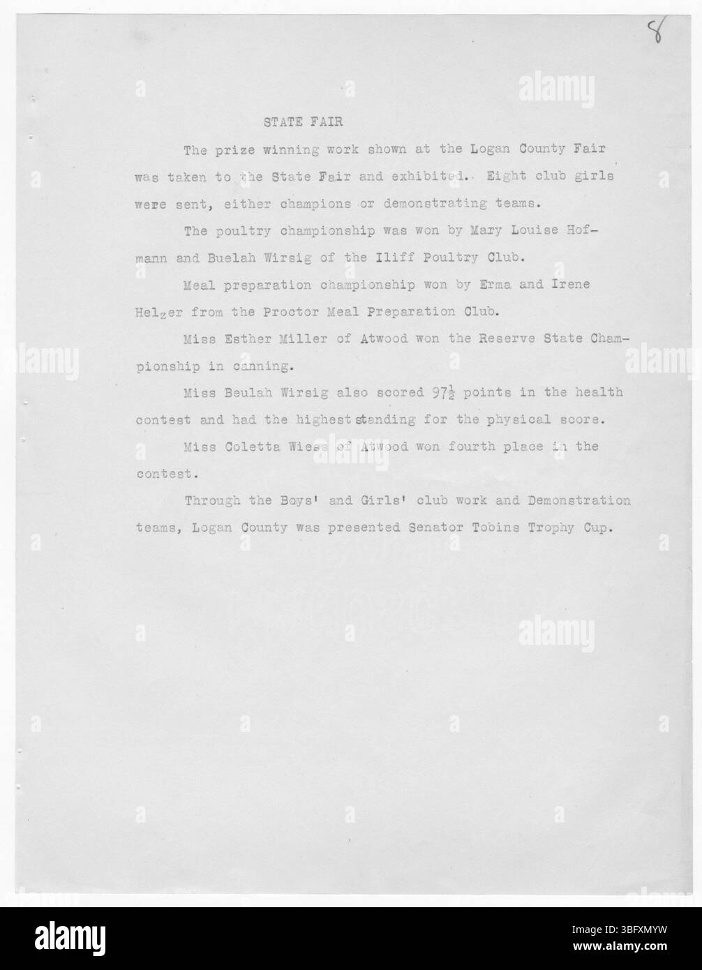 La pagina 110 del rapporto del 1927 Logan County Extension Service delinea i programmi agricoli ed educativi guidati da James E. Morrison e assistenti. Foto Stock