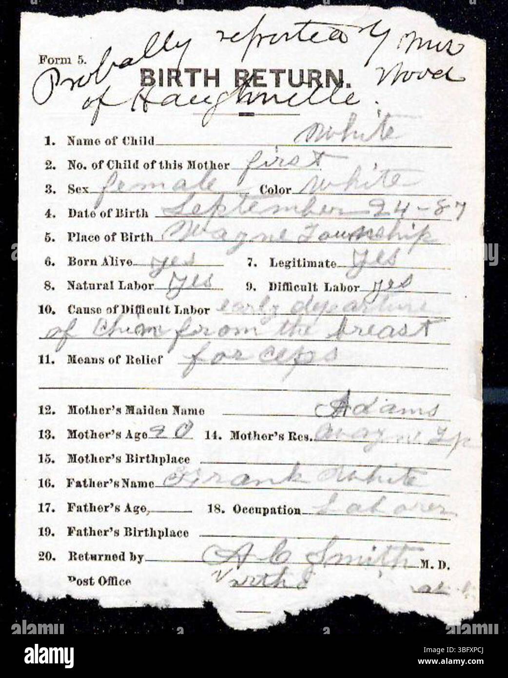 Marion County, Indiana, la nascita torna per i cognomi W dal 1882 al 1907. Archiviato da ostetriche e medici presso il Dipartimento di salute, questi ritorni sono serviti come base per il rilascio di certificati di nascita. La registrazione della nascita era facoltativa prima del 1907, ma era comune per le famiglie registrare le nascite dei loro figli. Questi certificati possono essere ottenuti dal Dipartimento della salute. Foto Stock