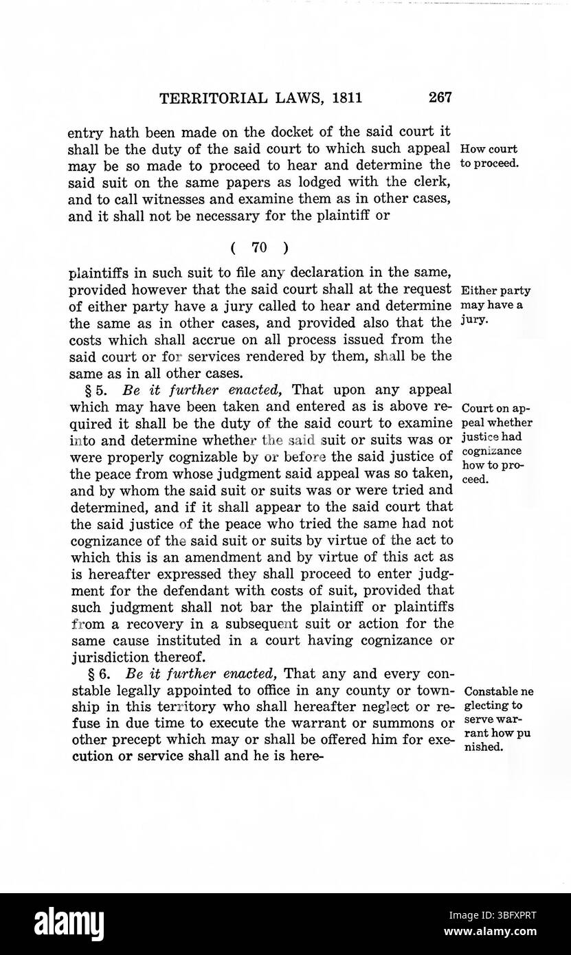 Pagina 281 delle *leggi del territorio dell'Indiana* descrive ulteriori leggi territoriali e decisioni che hanno influenzato lo sviluppo del sistema di governance dell'Indiana. Foto Stock