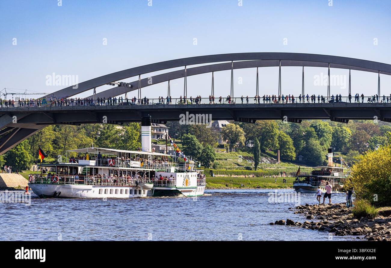 Dresda, Germania, 1 maggio 2025: Durante la tradizionale parata della flotta all'inizio della stagione dei piroscafi sassoni, il piroscafo a pale Pillnitz e il pa Foto Stock