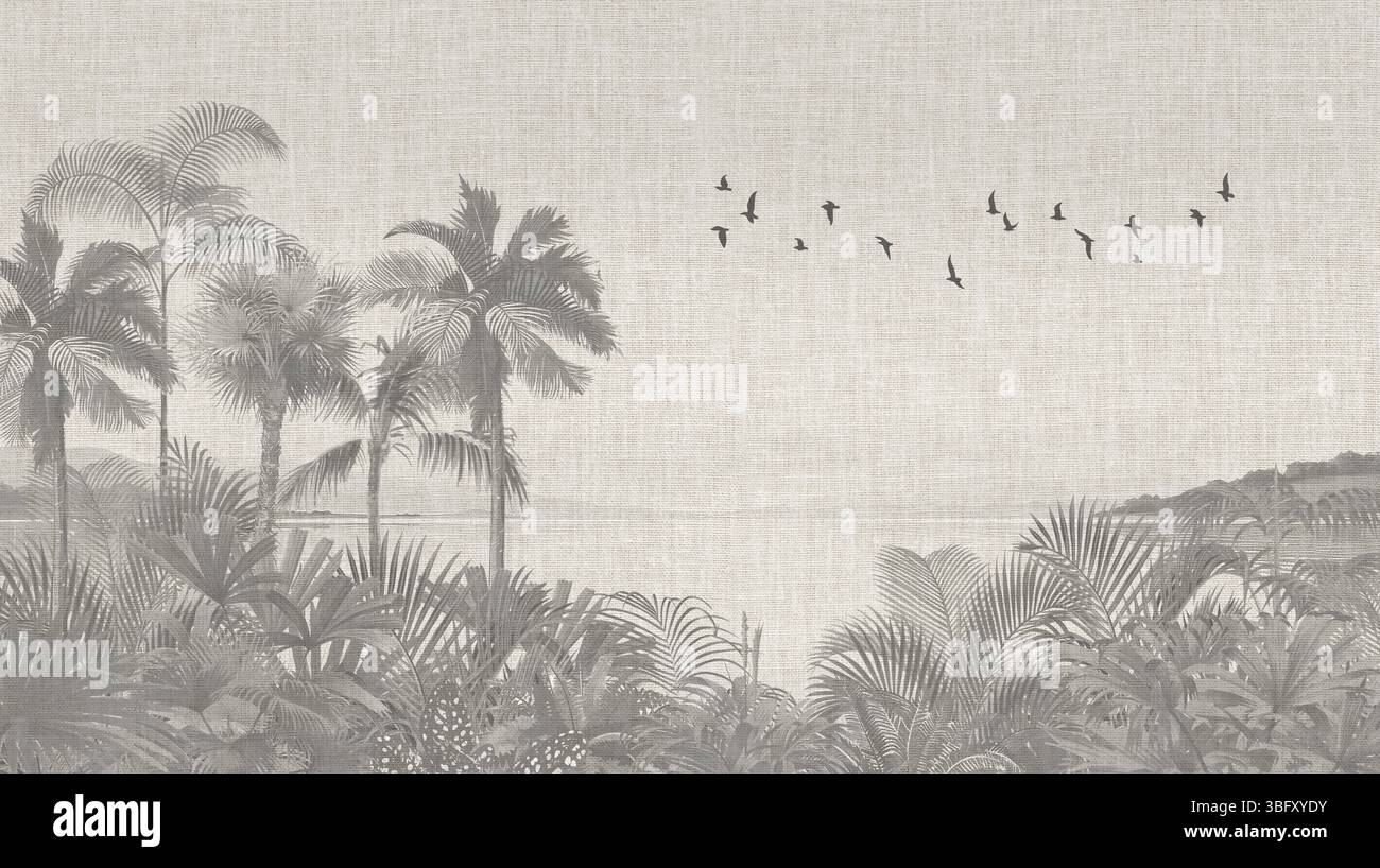 Elegante arredamento tropicale: Scala grigia Palm Beach con stampe Birds per interni Foto Stock