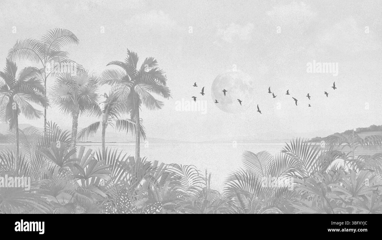 Decorazioni tropicali contemporanee: Deep Gray Palm Beach con stampe di uccelli Foto Stock