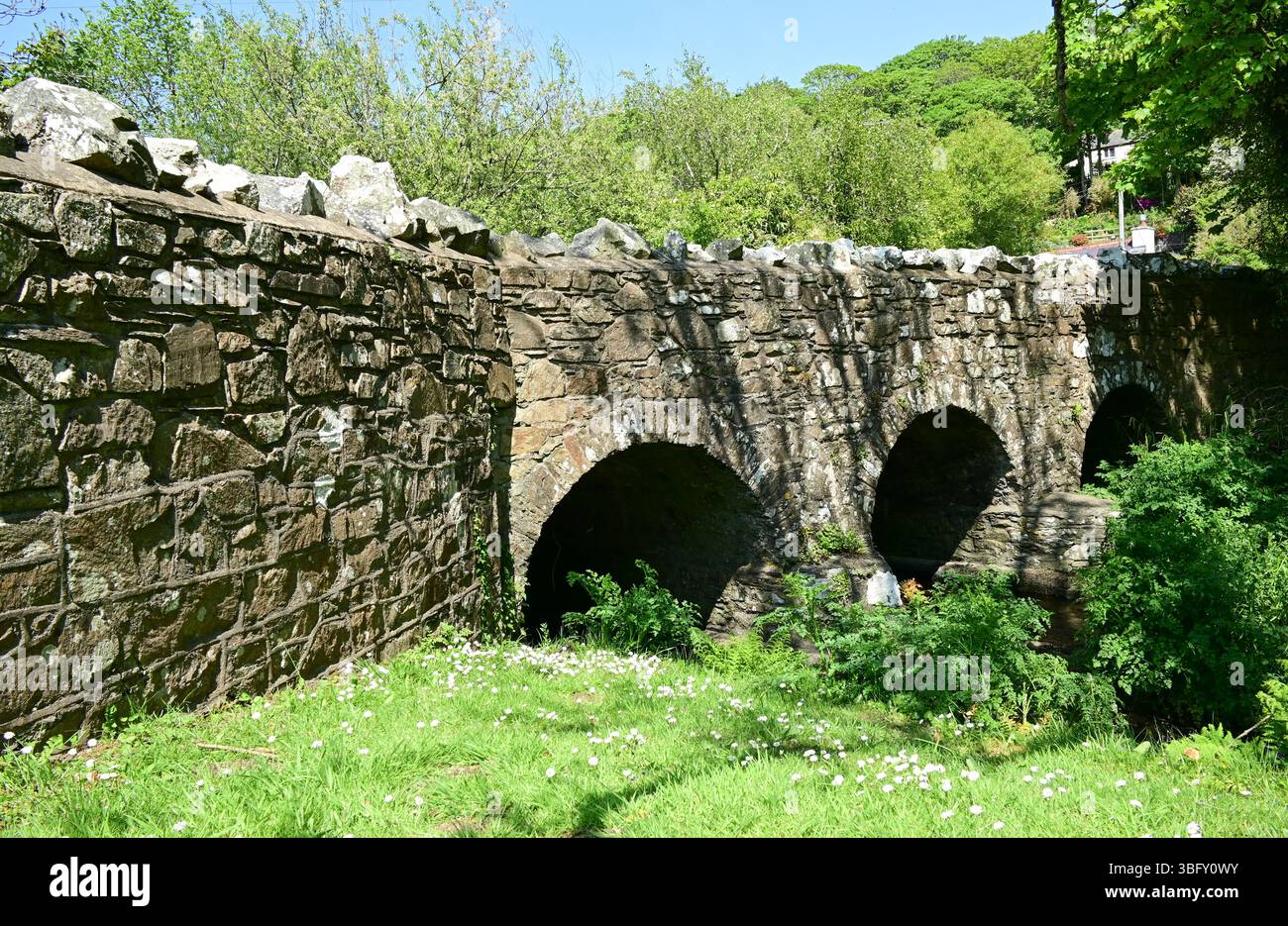Vecchio ponte stradale in pietra sul fiume Solva vicino a Solva Woollen Mill, Pembrokeshire, Galles, Regno Unito Foto Stock