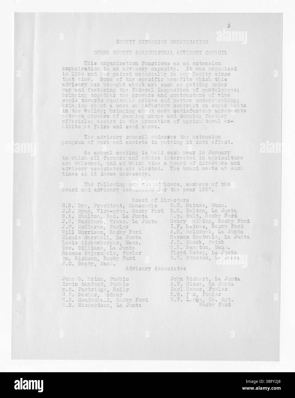 Pagina 37 mette in evidenza le iniziative di educazione agricola e di agricoltura locale segnalate dal servizio di estensione della contea di Otero nel 1927. Foto Stock