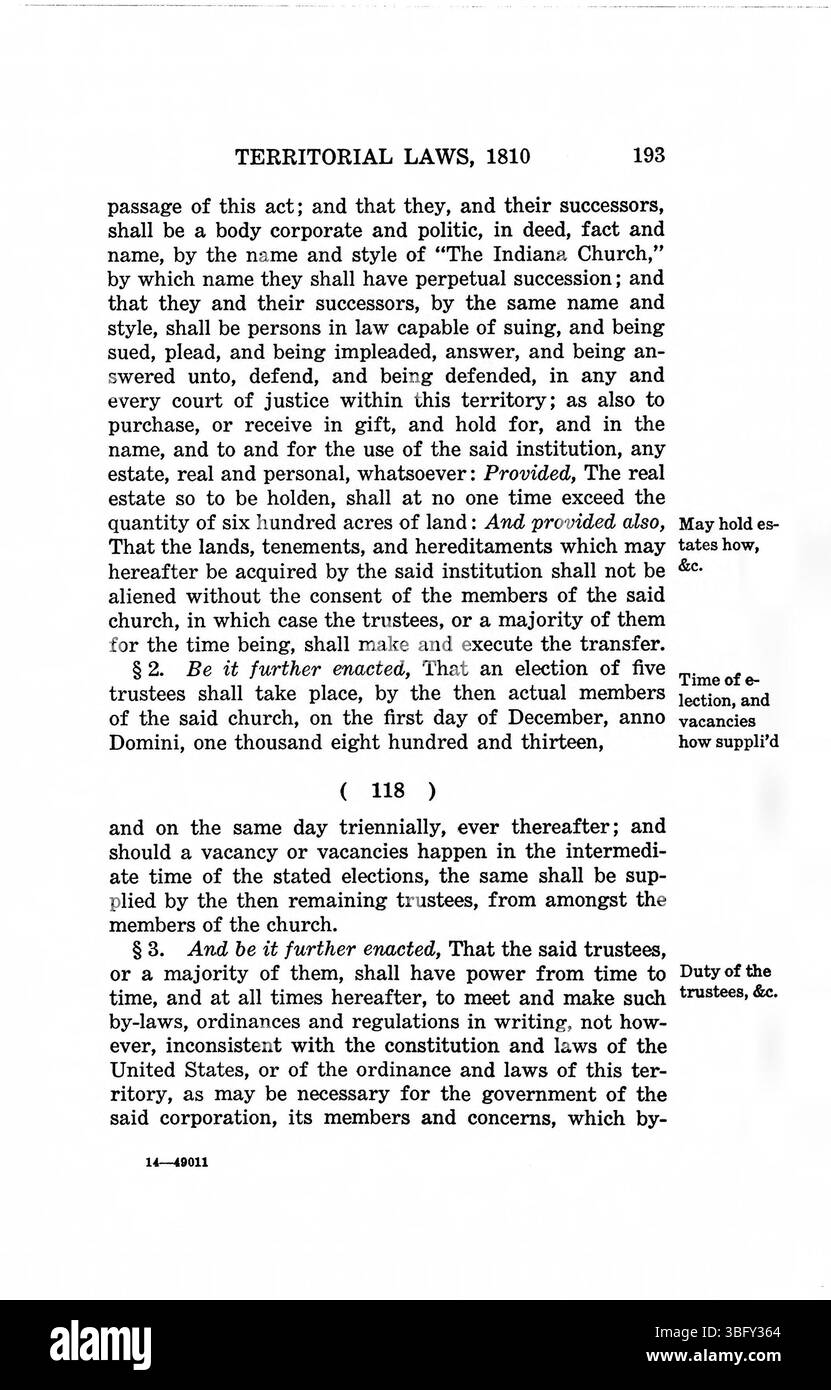 Pagina 207 di "Laws of Indiana Territory 1809-1816" (1934) delinea i cambiamenti giuridici e i confini territoriali durante questo primo periodo della storia dell'Indiana, offrendo approfondimenti sulla governance in evoluzione. Foto Stock