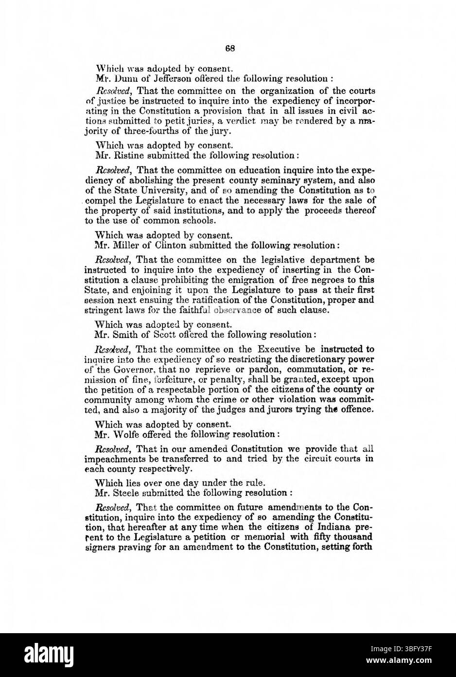 Pagina 69 del *1850 Journal of the Convention of the People of the State of Indiana* (1936) continua la documentazione delle discussioni, concentrandosi sulle modifiche proposte alla rappresentanza politica e ai poteri esecutivi. Foto Stock