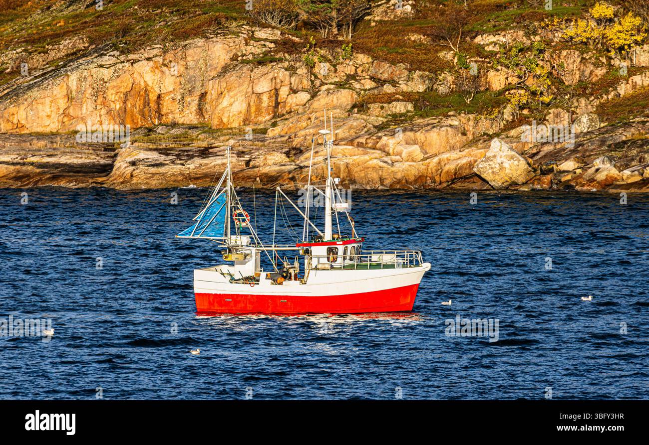 Ein kleines Fischerboot ist in den Morgenstunden unterwegs auf dem norwegischen Meer(Küstengebiet Norwegen, Region Nordland, 13.10.2023) Foto Stock