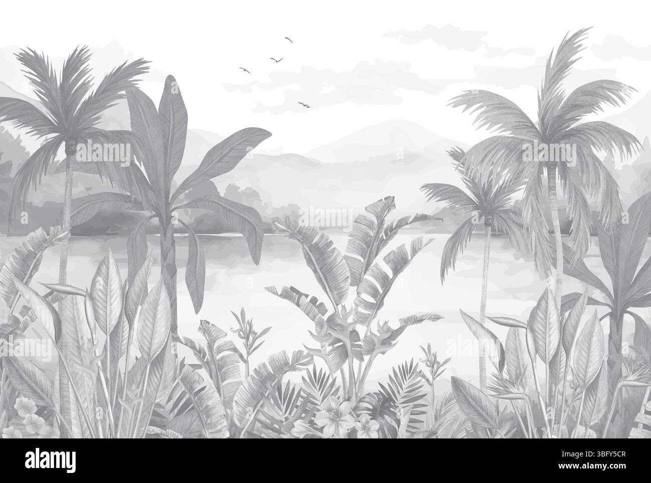 Murale in grassetto monocromatico: Palme e foliage in bianco e nero con vista sul lago Foto Stock