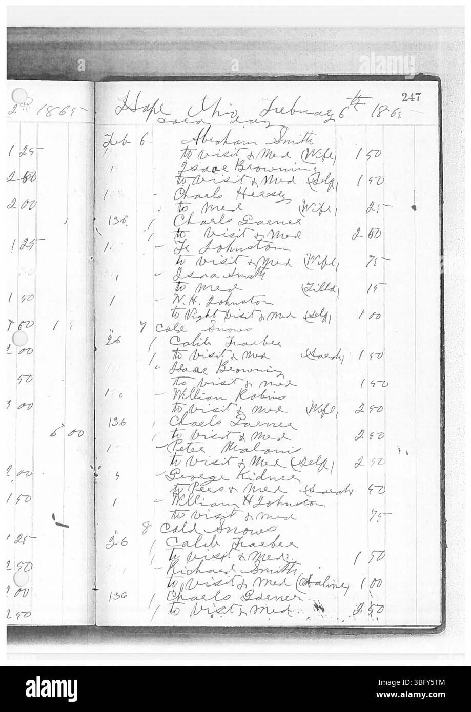 Pagina 243 del libro del dottor Sylvester William Ranney (1862-1865) documenta le sue attività come medico nell'Ohio centrale durante la guerra civile. Il diario registra il suo studio medico nella contea di Franklin nord-est, nella contea di Delaware sud-est e nella contea di Licking nord-ovest, con informazioni dettagliate sui pazienti e trattamenti. Foto Stock
