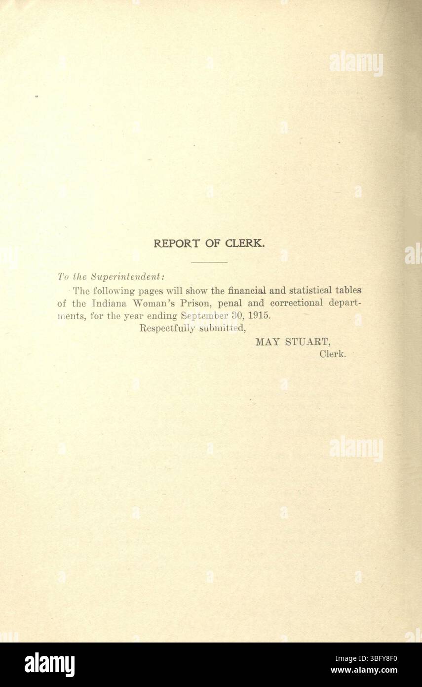 La pagina 12 della relazione annuale del 1915 sulle prigioni delle donne dell’Indiana copre le relazioni del Consiglio di amministrazione fiduciario e del dipartimento correttivo, fornendo dati finanziari sugli stipendi dei dipendenti, sulle spese carcerarie e sugli stanziamenti. Include dati sanitari sui detenuti e statistiche sul crimine, oltre a informazioni amministrative sulle operazioni della prigione. Foto Stock