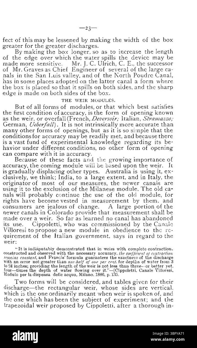 Pagina 23 di *The Measurement and Division of Water* (1894) continua l'esplorazione dettagliata dei metodi di misurazione e divisione delle acque, parte della terza edizione riveduta del Bollettino n. 13. Foto Stock