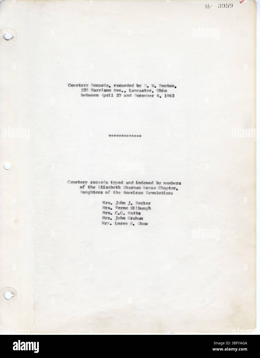 Nel 1963, D. W. Denton compilò iscrizioni al cimitero per diversi cimiteri della contea di Fairfield, Ohio, tra cui il Methodist Protestant Cemetery e il Reid-Stoltz-Saum Cemetery. Foto Stock
